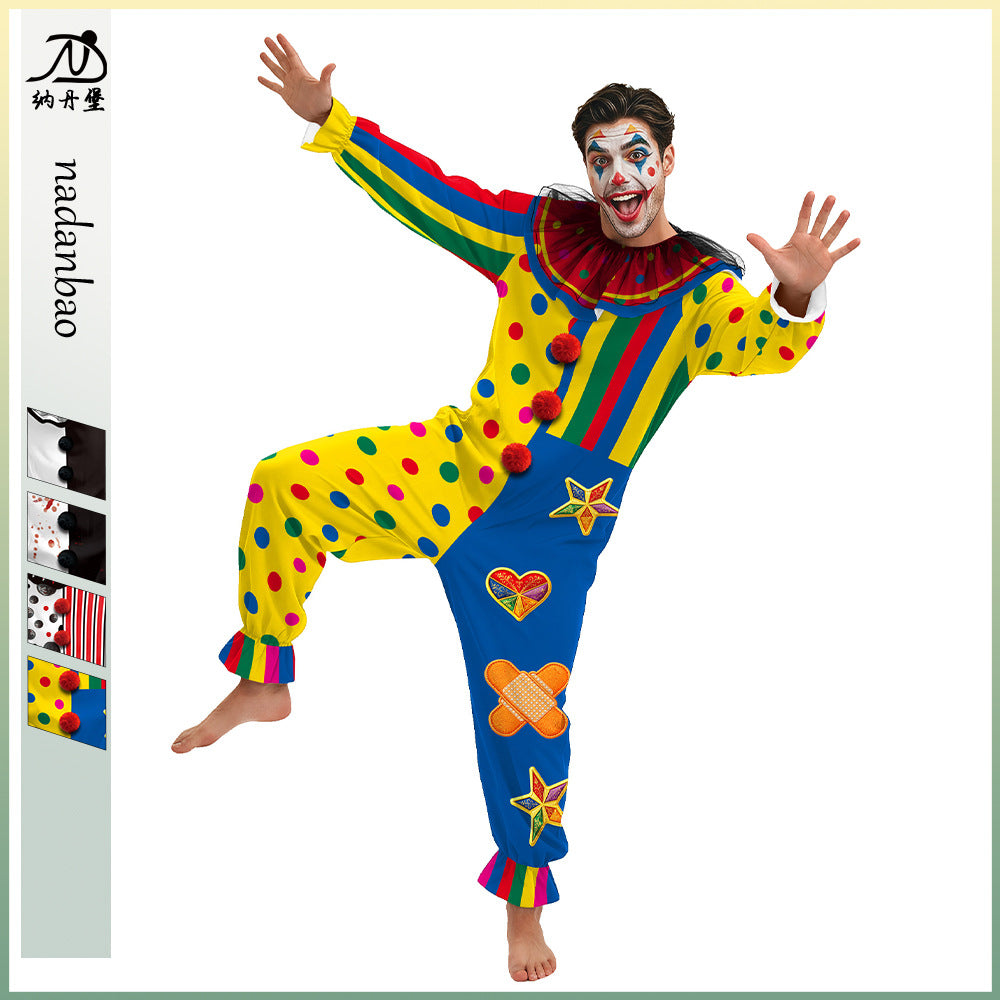 European and American Halloween Carnival Party Cos Stage Performance Costume Colorful Patchwork Polka Dot Funny Clown Jumpsuit