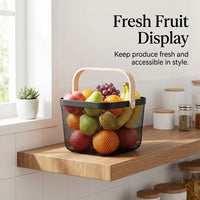 Bathroom Storage Basket with Wooden Handle for Kitchen and Fruit Organization, Stainless Steel Mesh for Vegetables, Nordic Organizer
