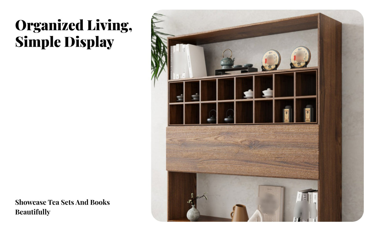 Wabi-Sabi Design Multi-Compartment Curio Shelf With Drawers Storage Furniture Display Cabinet for Tea Lovers, Collectors, Office Workers, Entryway, Dining Room, Study, Bedroom