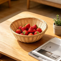 Round Bamboo Basket Low-Sided Bamboo Woven Basket Wide opening Storage Item for Tabletop