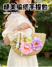 新款夏季法式温柔甜美蕾丝蝴蝶结草编包海边度假少女手提包