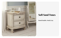 pale Distressed Bedside Cabinet French Country design Distressed pale Nightstand Decorative Knobs Carved features for Homeowners
