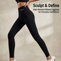 Gym Leggings for Women with Ribbed Texture and Embroidered Detail, High Waist for Autumn Winter Loungewear, Full Length