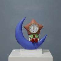 Table Clock with Figurine Whimsical Tabletop Clock Decorative Ornament Celestial Crescent Moon Statue Analog for Desk