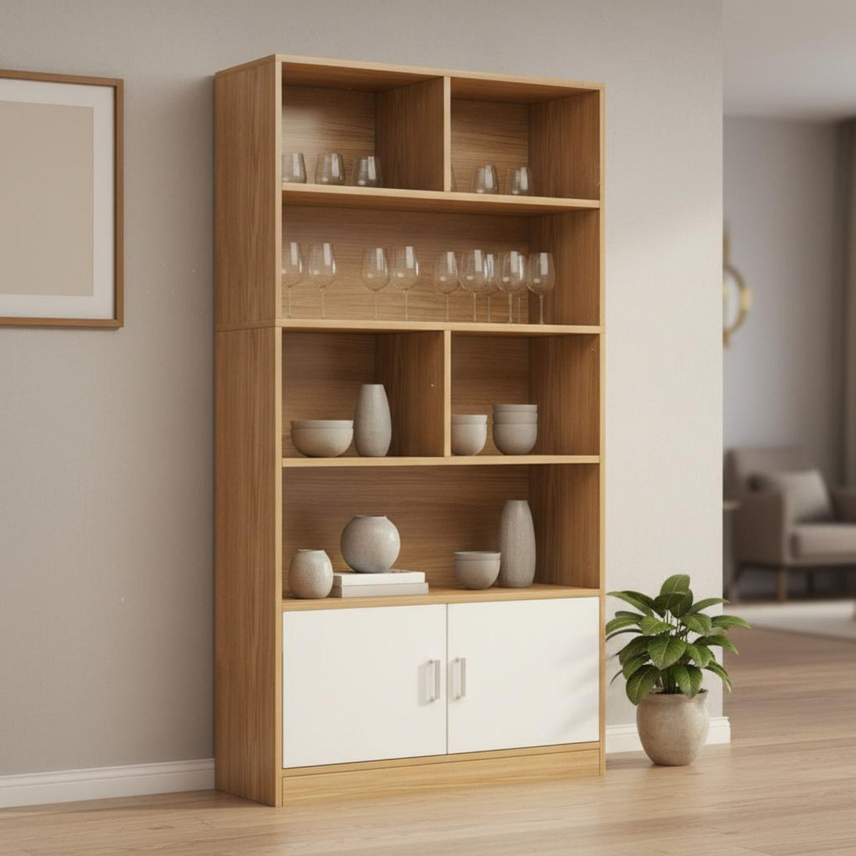Freestanding Beverage Cabinet Large Capacity Storage Shelf Wooden Display Hutch Sturdy Construction Versatile Organizer Suitable for Living Room Entryway Bedroom Book Lovers