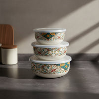 3 Pieces Glossy Enamel Food Storage Containers Space-Saving Enamel Bowls with Lids Reusable Nesting Bowl Set Multi-Purpose for Leftovers, Meal Prep, Kitchen