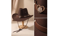 Cowboy Hat with Heart Ornament Decorated Western Hat with Chin Cord Wide Brim for Girls, Young Children, Dress-up, Costume Parties, Photo Shoots