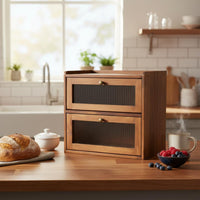 2-Tier Bread Box Solid Wood Double Layer Bread Bin Large Capacity