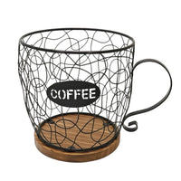 Coffee Cup Basket with Wooden Base Wire for Kitchen Counter
