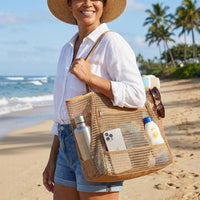 Mesh Coastal Tote Sand-Resistant Foldable Travel Tote Breathable Large Net Tote for Vacati Single Rs, Families, Poolside, Vacation, Shopping
