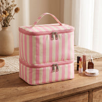Double-Layer Two-Tier Storage Bag Portable Striped Storage Bag Padded Organizer Structured for Dressing Table