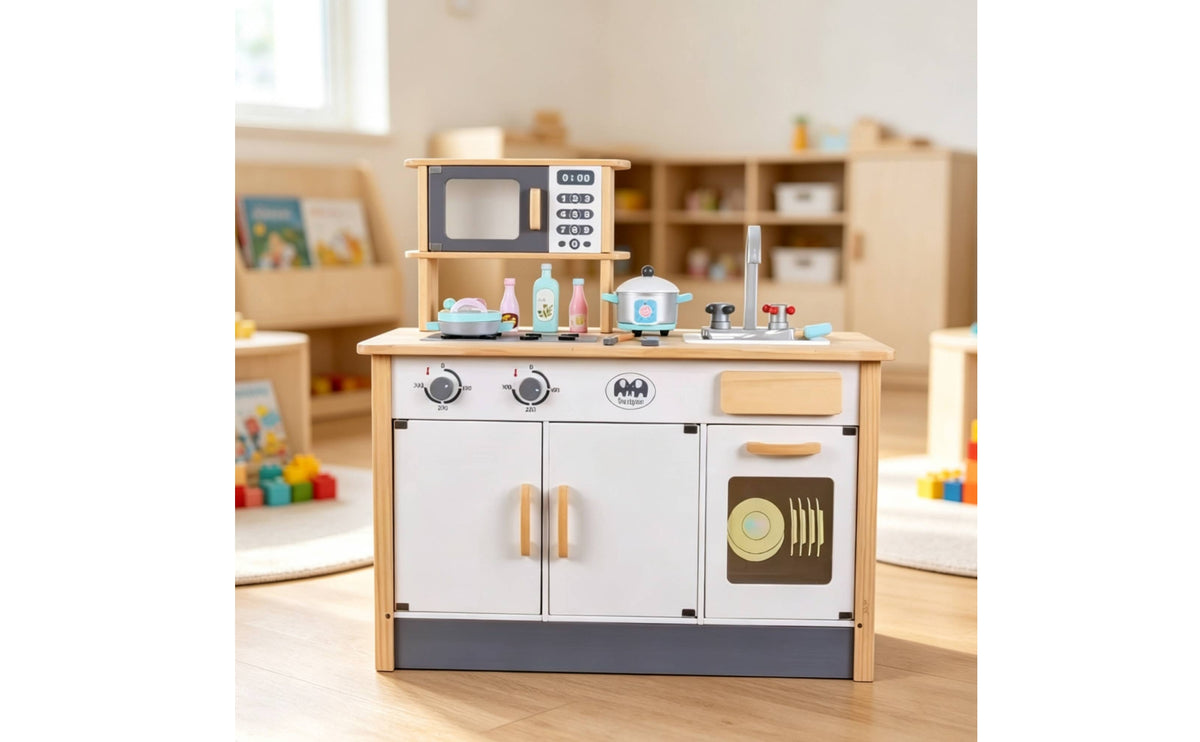 Wooden Play Kitchen Pretend Children's Culinary Play Center Station Sturdy for Young Children, Preschool