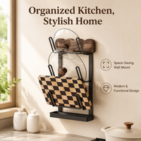 Pot Lid Holder, Carbon Steel Pan Organiser, Wall-Mounted Vintage Walnut Wood for Kitchen Cabinet, 35.5cm x 16.5cm