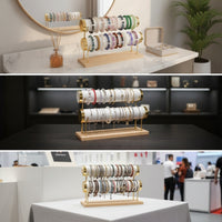 Double-Tier Bracelet Display Stand Leather-Wrapped Wooden Bracelet Stand Countertop Bangle Display Minimalist for Collectors, Dresser