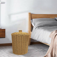 Lidded Trash Bin Woven Texture Rattan Waste Bin Handwoven Wastebasket for Bedroom