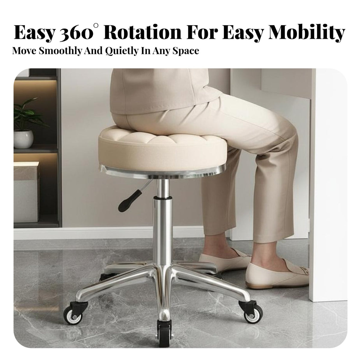 Height-Adjustable Padded Caster Stool 360-Degree Rotate Professional Chair High-Density Foam Easy to Clean for Spa, Studio