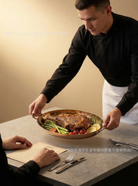 不锈钢锤点蛋形煎盘特厚鱼炉盘双耳海鲜盘小龙虾盘西餐焗饭牛排盘