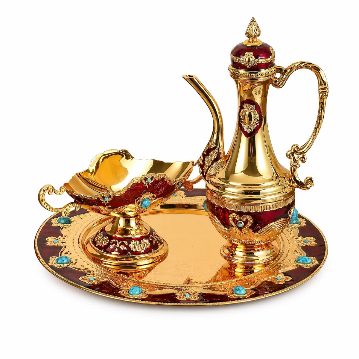 3 Pieces Ornate Pitcher with Tray and Bowl Embossed Serving Set with Mirrored Tray Jeweled Tableware Elegant for Holiday Entertaining