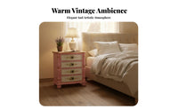 Rustic Country design Bedside Storage Cabinet Distressed Finish 4-Drawer Painted Side Table Floral Carving Nightstand Colorful Design for Homeowners, Apartment Dwellers, Interior Designers, Bedroom, Home Decor, Entryway, Small Spaces