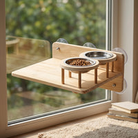 Window Cat Perch and Feeding Station with Bowls, Wooden Cat Window Sunbathing Bed for Large Indoor Cats, Suction Cup Sun Lounger Base Location