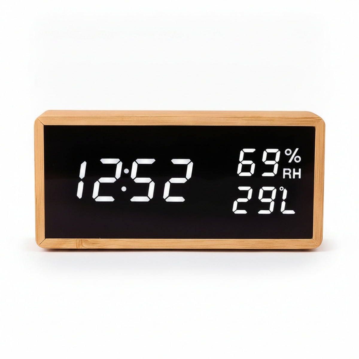 Humidity Display Bamboo Alarm Clock Battery Backup Desktop Alarm Clock USB Charging Home Gadget Dimmable