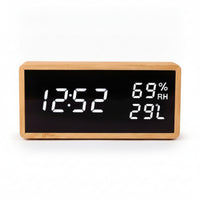 Humidity Display Bamboo Alarm Clock Battery Backup Desktop Alarm Clock USB Charging Home Gadget Dimmable