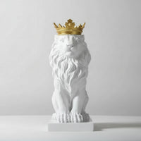 Lion Sculpture with Crown Gold-Toned Lion Statue with Crown Sculpted for Office