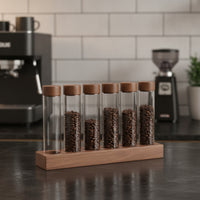 Single-Dose Coffee Bean Display Rack Wooden Coffee Bean Cellar with Wood Base Airtight Glass Tube Holder Countertop for Baristas, Espresso Station