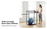 Exercise Mat and Ball Rack Space Saving Multi-Layer Exercise Storage Stand Large Capacity Home Gym Equipment Organizer