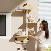 Cat Shelf and Climbing Frame with Perch and Bed, Solid Wood Wall-Mounted Shelves Sleeping for Large Indoor Cats, Sisal Rope Scratching Station