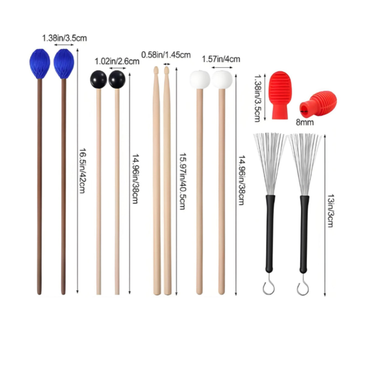 13 Pieces Polished Wooden Handles Drumstick and Mallet Set Beginner-Friendly Marimba Mallet and Drumstick Pack Portable Lessened Noise Practice for Beginners, Students, Music Class, Band Rehearsal