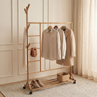 Mobile Bamboo Coat Rack with Wheels for Bedroom or Cloakroom