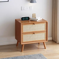 Solid Wood Nightstand with Rattan Weave