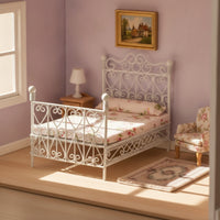 Dollhouse Bed with Mattress 1/12 Scale Miniature Metal Bed Wrought-Iron Style