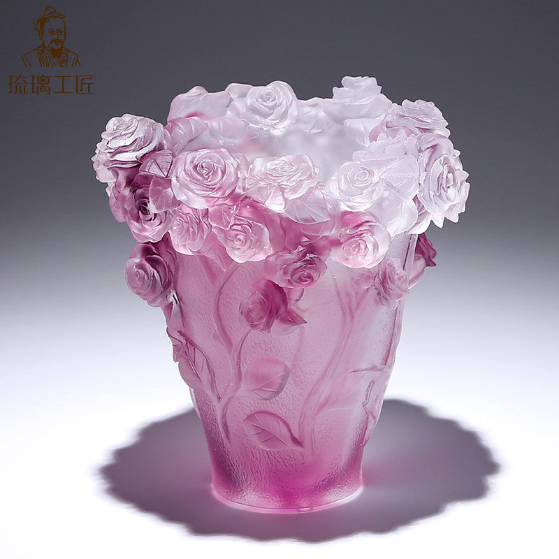 Glazed Colored Glass Rose Flower Vase Ornament, Chinese Style, Gift Boxed