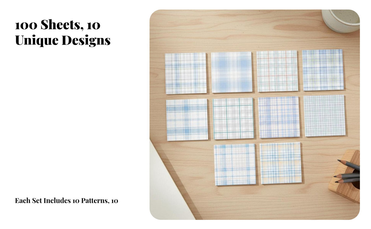 100 Pieces Plaid Memo Sheets Unique Patterns Checkered Background Paper Assorted Designs Grid Note Paper for Students, Crafters, School, Crafting