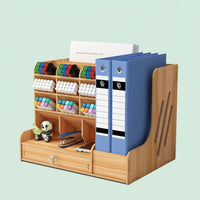 Desktop Organiser with Pen Holder, 4 Tier File Rack for Office Desk, Stackable Wood Organizer Black, Workspace Organization