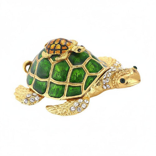 Mother and Child Tortoise Box Hand-Painted Enamel Jeweled Turtle Figurine