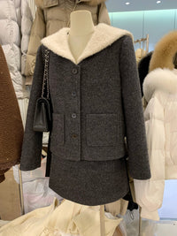羽绒服外套+半身裙两件套女2025冬季新款加厚撞色海军领毛呢套装