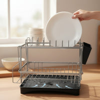 2-Tier Dish Drying Rack Double-Layer Dish Rack with Drainboard Rust-Resistant Organizer Easy to Clean for Apartment