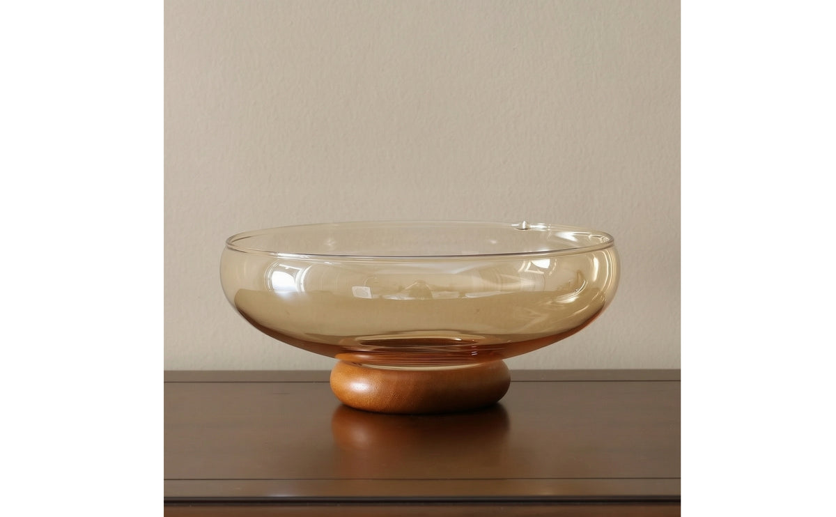 Glass Fruit Bowl with Wooden Pedestal Minimalist Glass Fruit Bowl Clear Countertop Organizer for Kitchen Counter, Dining Table