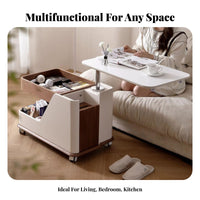 Mobile Sofa Table with Storage Lift Adjustable Surface Side Table Snack Cart C-shaped Base Sintered Stone Top Solid Wood Frame with Wheels Suitable for Adults Bedroom Living Room Home Office Compact Spaces