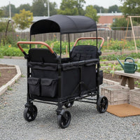 Four-Seat Pram Wagon Black Canopy 4 Seat Pram Wagon Storage Pockets Kids Transport