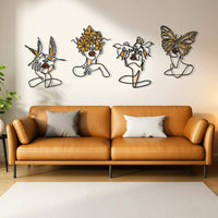 4 Pieces Line Art Portraits Warm Highlight Colors Metal Wall Decor Multi-Section Minimalist Wall Decor
