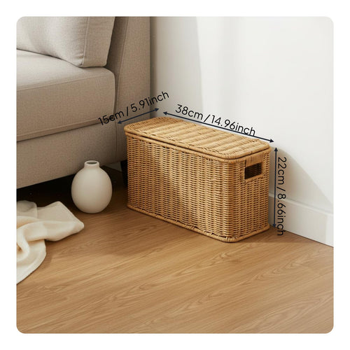 Woven Storage Box with Lid Multi-Purpose Rattan Design Storage Bin for Bathroom