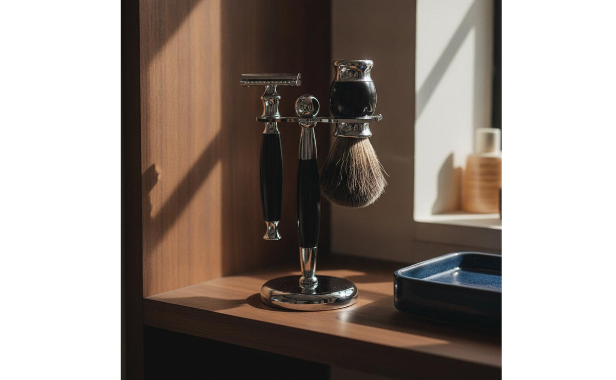 Shaving Set with Stand Chrome-Finished Shaving Implement and Brush Set Manual Shaving Kit with Brush for Men, Washroom, Travel