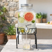 Large Capacity Beverage Dispenser with Hammered Texture, Glass Drink Dispenser and Water Dispenser with Metal Stand