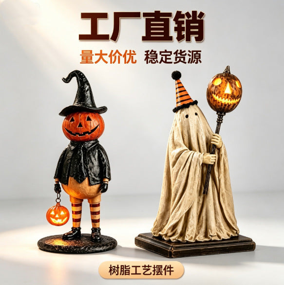 Pumpkin Witch Lantern Figurine | Glowing Pumpkin Wand Retro Ghost Ornament