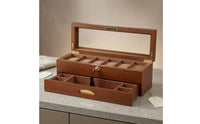 Two-Tier Watch Box Divided Compartments Glass Lid Watch Box Gold-Tone Hardware Rectangular