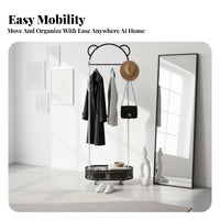 Rolling Clothes Organizer with Hamper Minimalist Design Laundry Butler with Hanging Bar Lockable Casters Multi-Tier Storage
